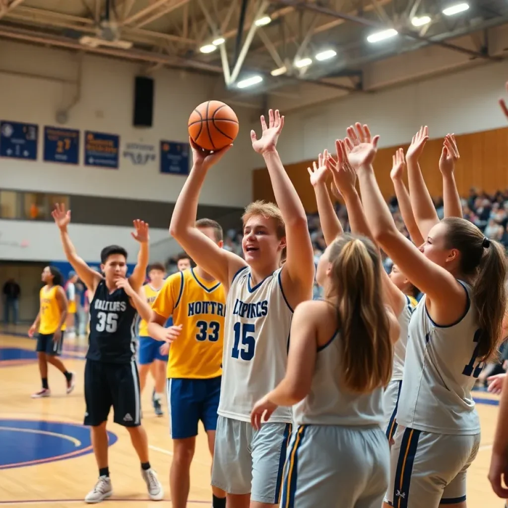 High school basketball athletes celebrating victory