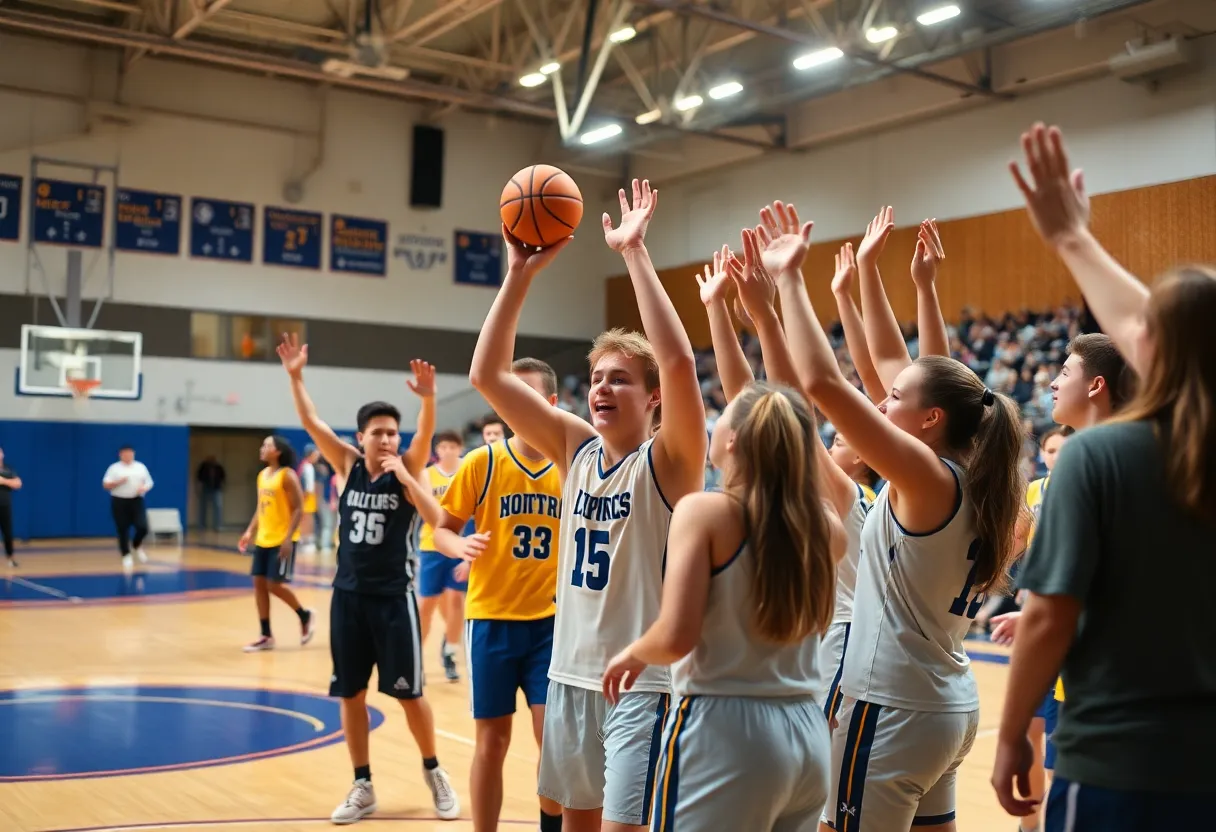 High school basketball athletes celebrating victory