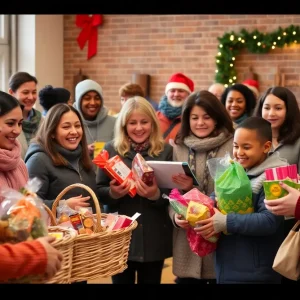 Community volunteers distributing Christmas food baskets and holiday snack backpacks