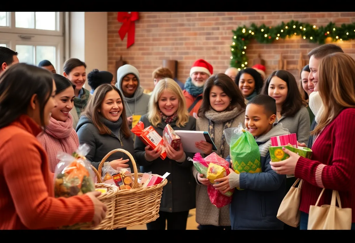 Community volunteers distributing Christmas food baskets and holiday snack backpacks