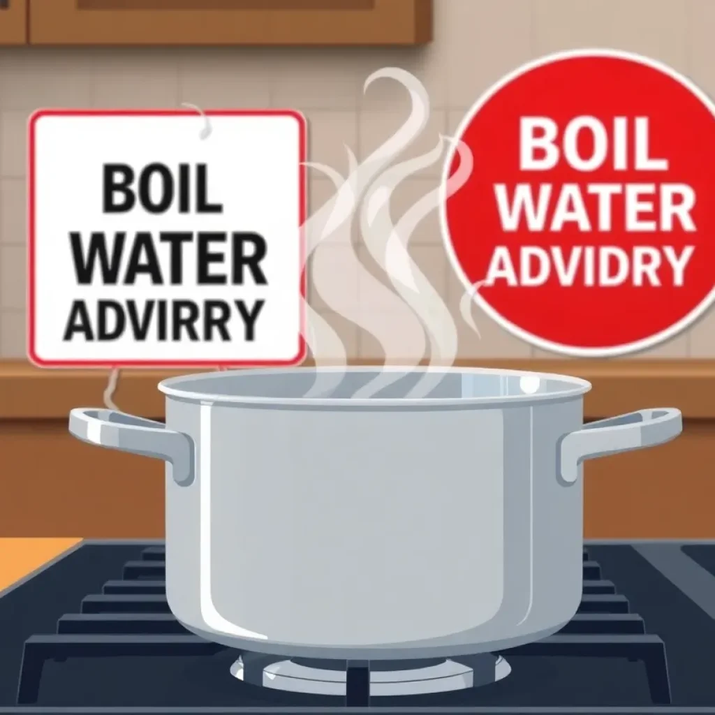 Pot boiling water with a boil water advisory warning sign in the background