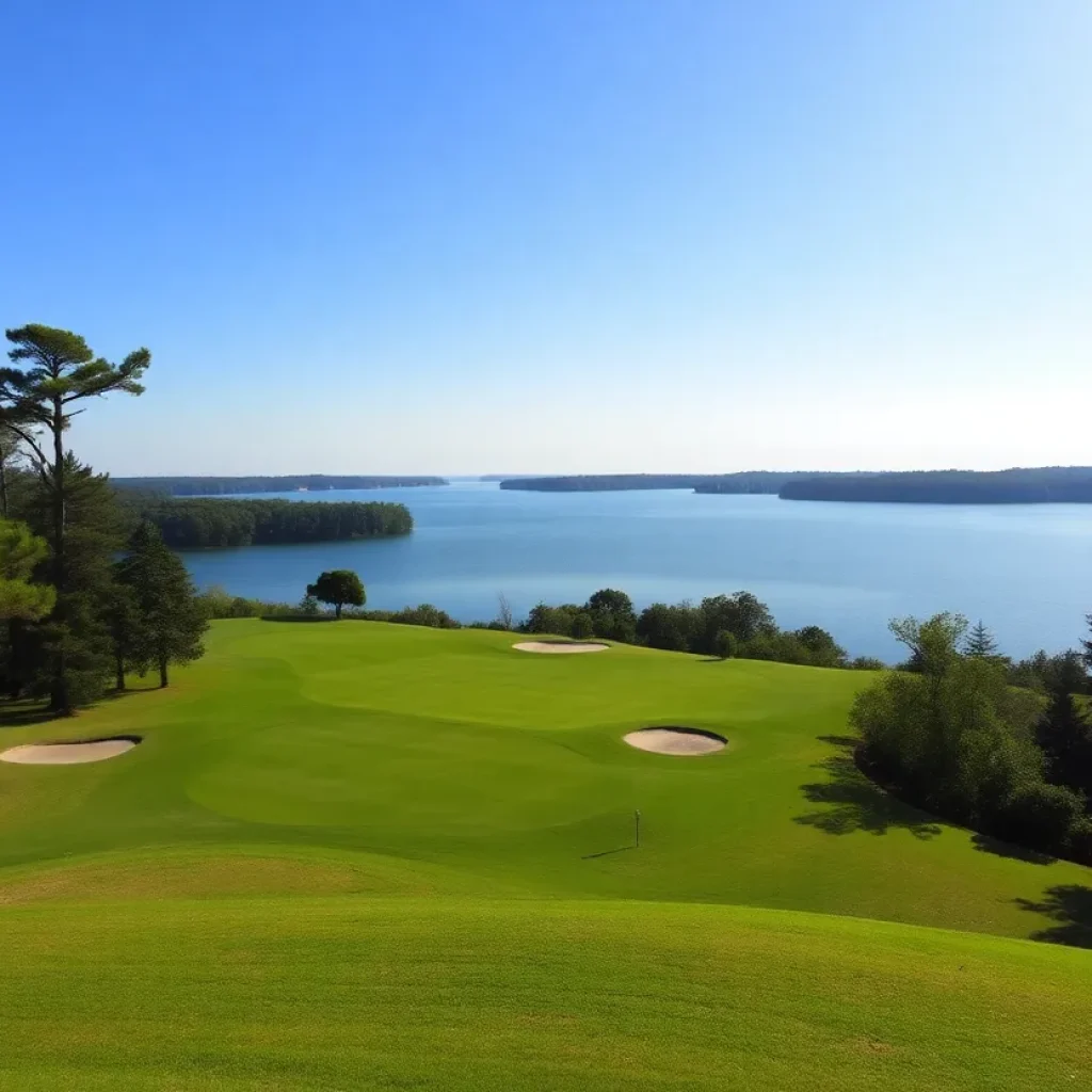 Scenic golf course landscape in Chapin, South Carolina with lake view.