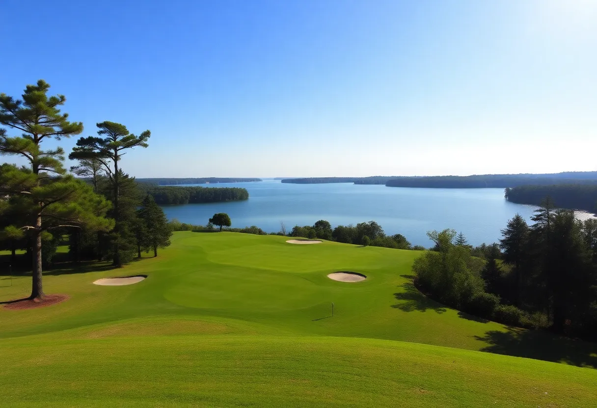 Scenic golf course landscape in Chapin, South Carolina with lake view.