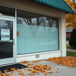 A closed storefront with a sign indicating its closure, surrounded by leaves