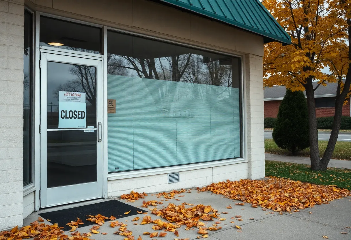 A closed storefront with a sign indicating its closure, surrounded by leaves