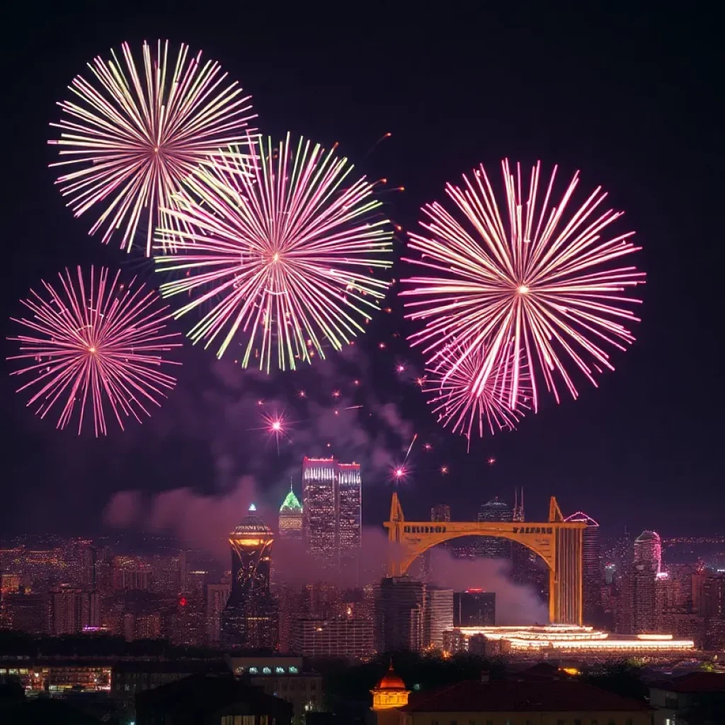 Fireworks display lighting up the Columbia skyline during the holiday season.