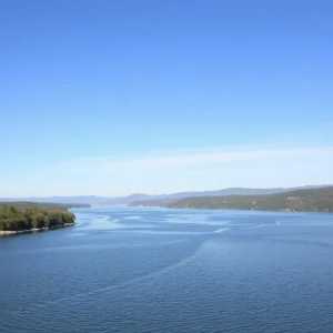 Peaceful view of the Columbia River with safety signage