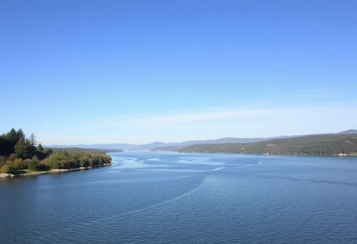 Peaceful view of the Columbia River with safety signage