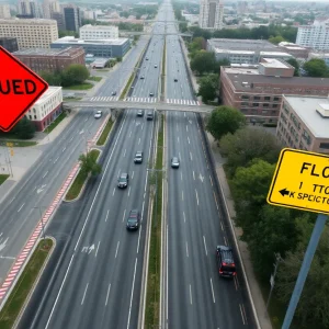 Bird's-eye view of road closures and detour signs in Columbia