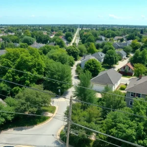 Residential neighborhood in Columbia, Missouri with utility lines