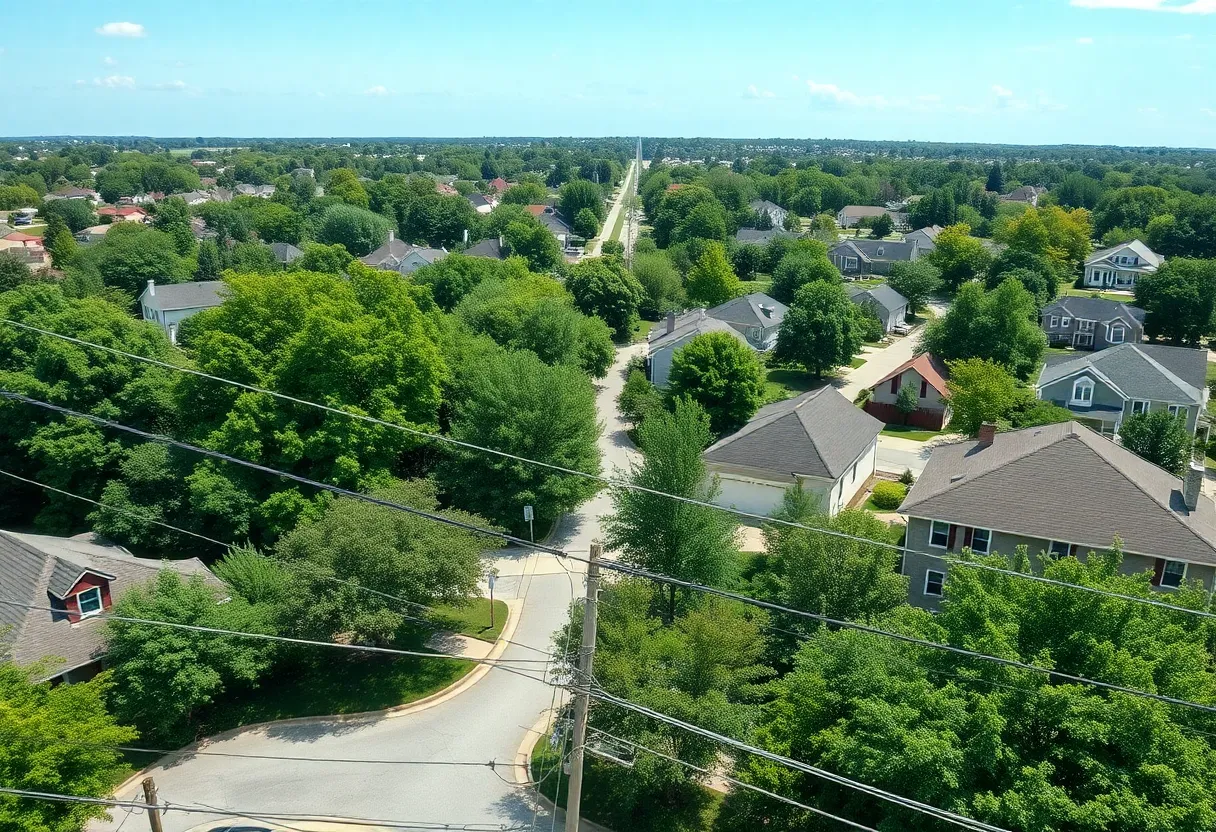 Residential neighborhood in Columbia, Missouri with utility lines