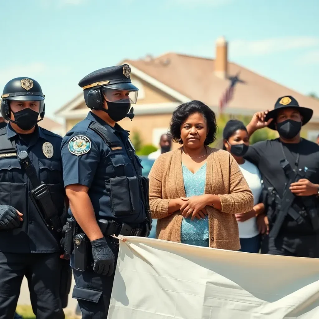 Residents and police officers celebrating after the capture of a murder suspect