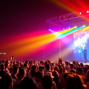 Audience enjoying a concert in Columbia with bright lights.