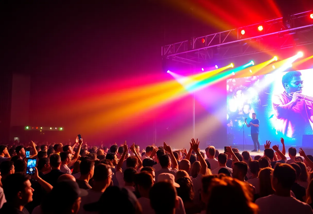 Audience enjoying a concert in Columbia with bright lights.