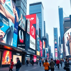 A vibrant city showcasing digital advertisements and people engaged with technology.