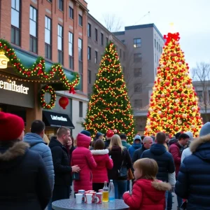 Colorful holiday decorations and families enjoying Christmas in Downtown Lexington