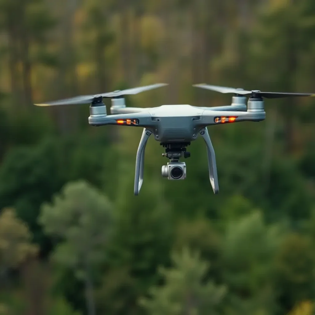 A drone flying above a wooded area to assist in a search operation