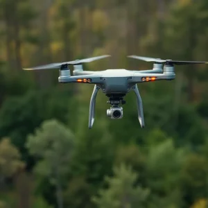 A drone flying above a wooded area to assist in a search operation