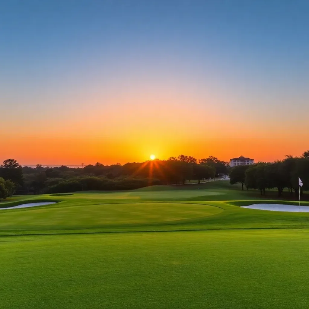 A peaceful golf course in Myrtle Beach at sunset, symbolizing remembrance.