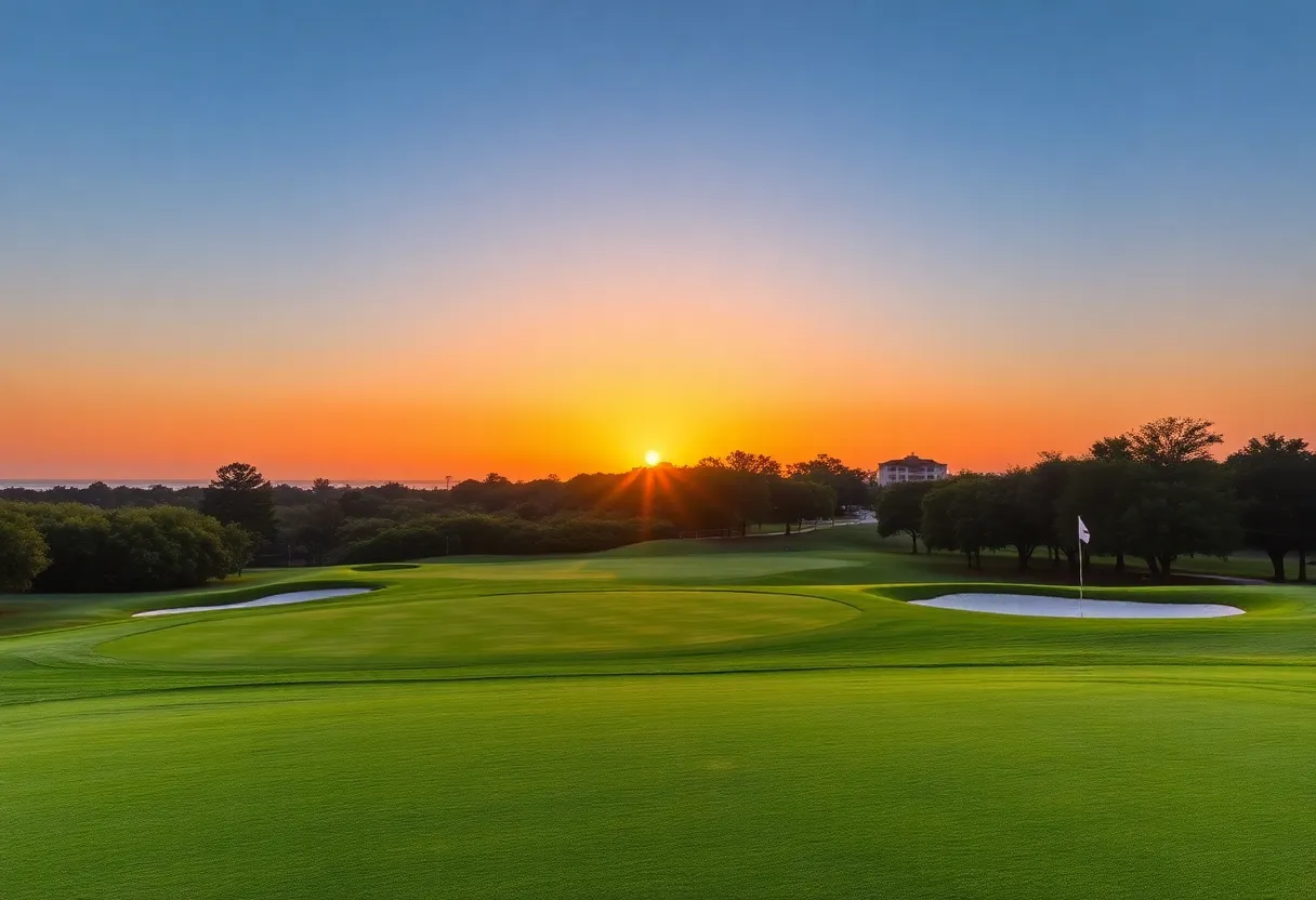 A peaceful golf course in Myrtle Beach at sunset, symbolizing remembrance.