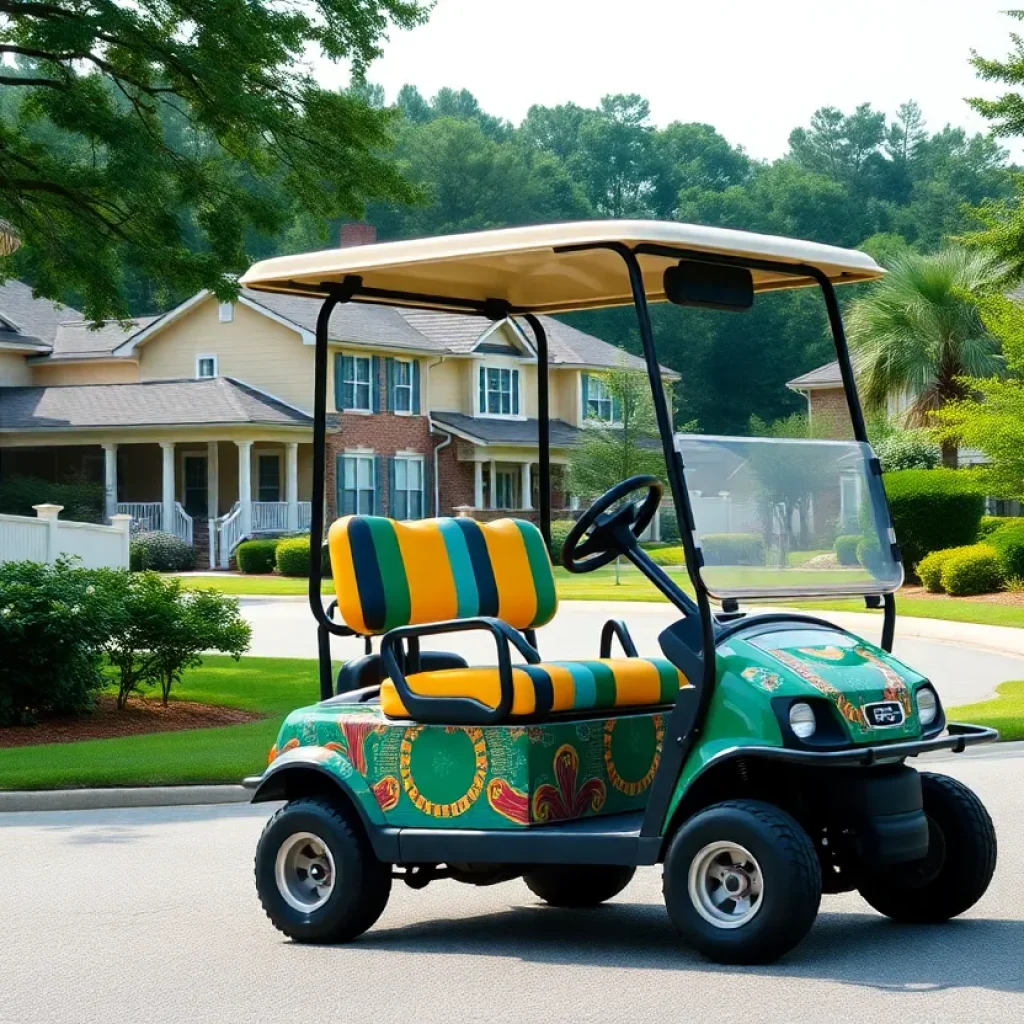 A golf cart cruising through a neighborhood in Columbia, South Carolina.