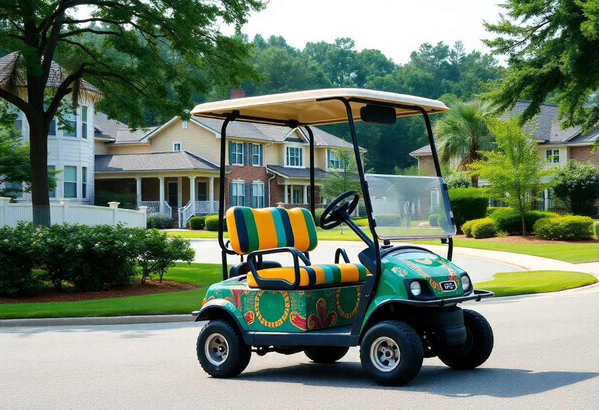 A golf cart cruising through a neighborhood in Columbia, South Carolina.