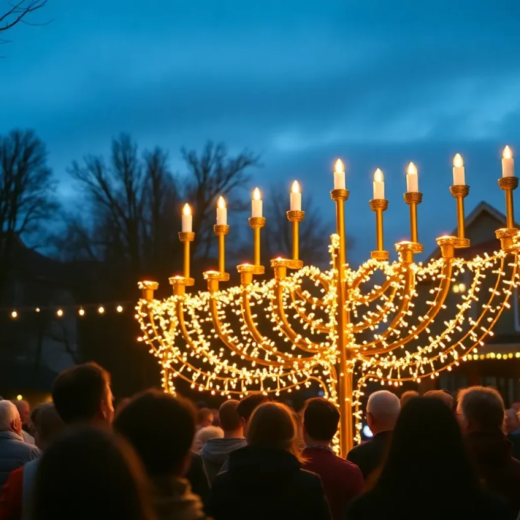 Community members celebrating Hanukkah with a giant menorah lighting in Columbia, SC.