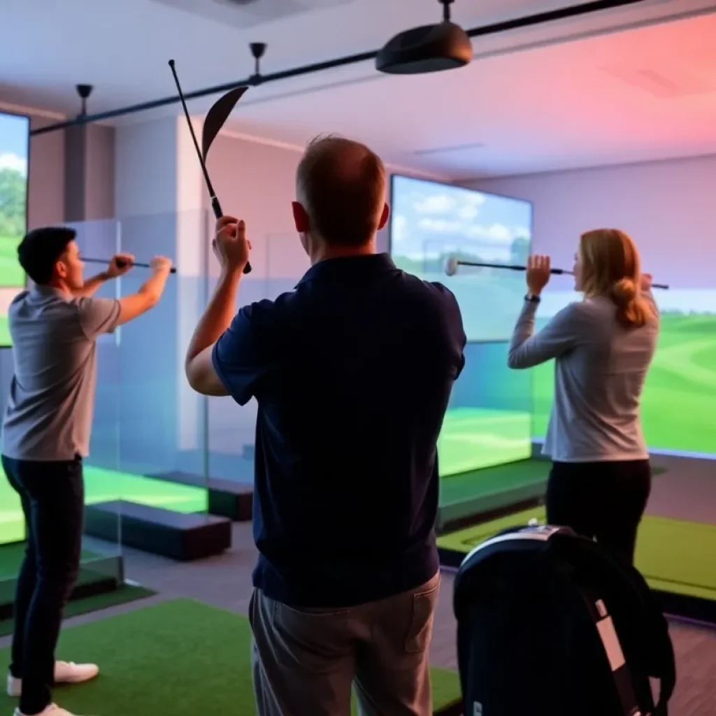 Players using a Golfzon simulator at Pro Swing indoor golf facility.