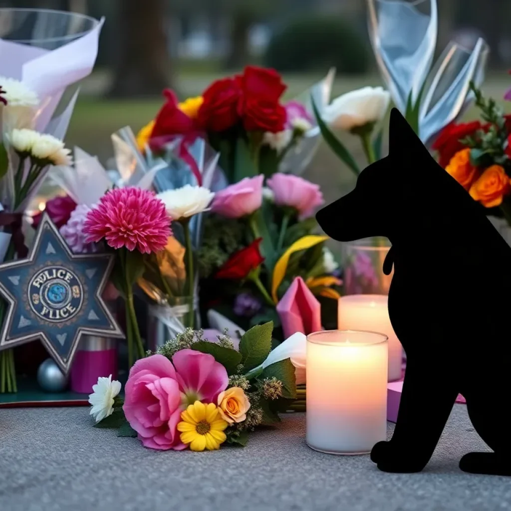 Memorial for a fallen police dog with flowers and police badge