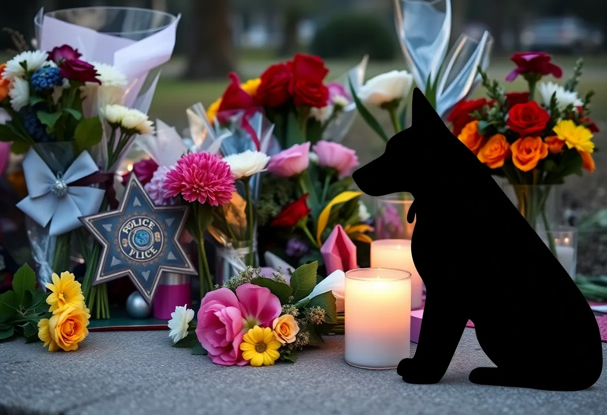 Memorial for a fallen police dog with flowers and police badge