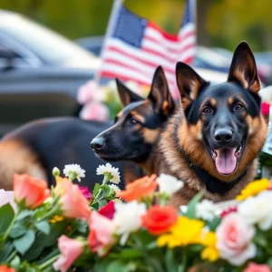 Memorial for K9 Bumi with flowers and police badges