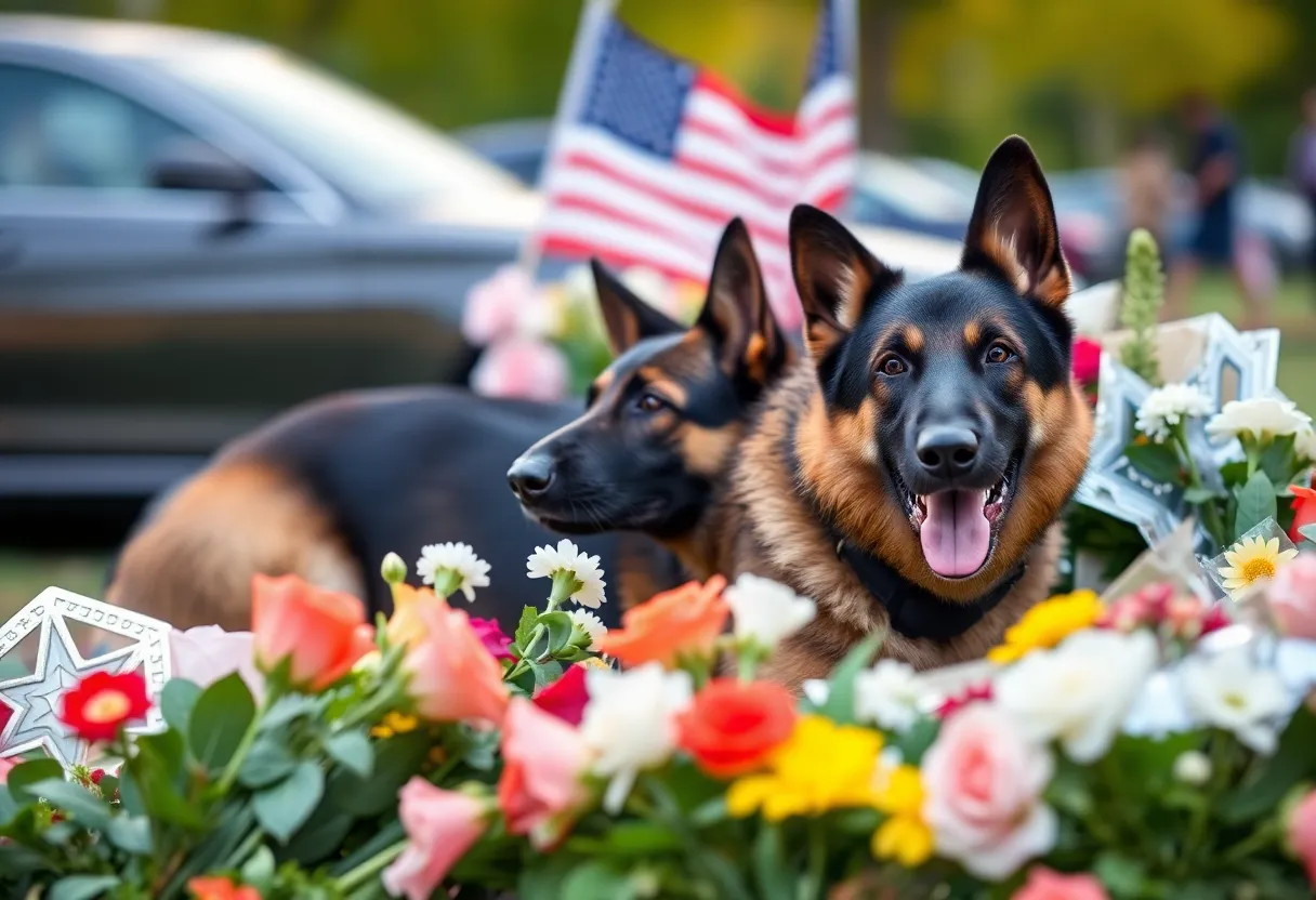 Memorial for K9 Bumi with flowers and police badges