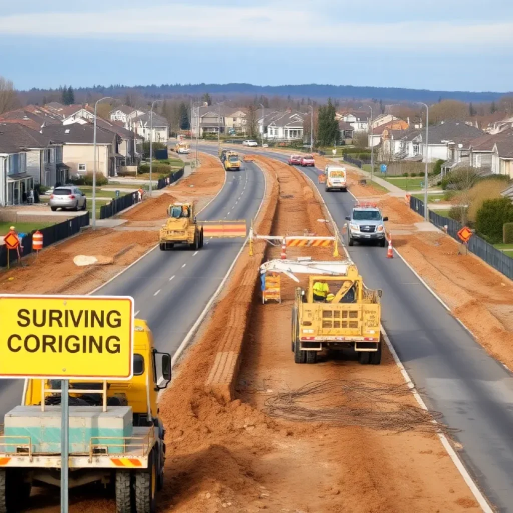 Ongoing construction work for road expansion near residential area