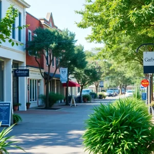 Community street scene in Lexington, SC with shops and greenery.