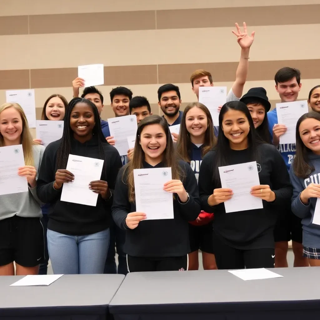 Group of local high school athletes proudly celebrating National Signing Day