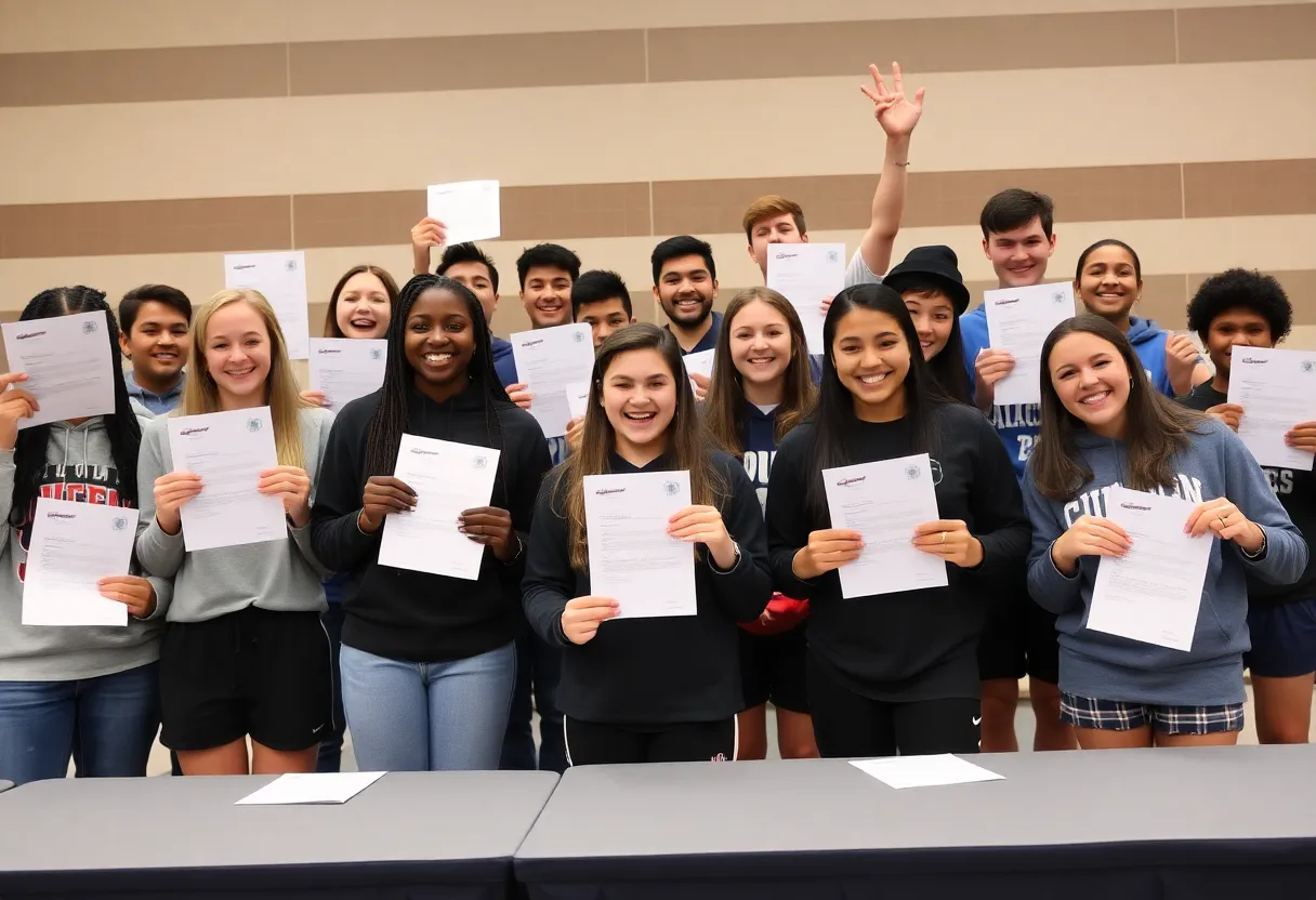 Group of local high school athletes proudly celebrating National Signing Day