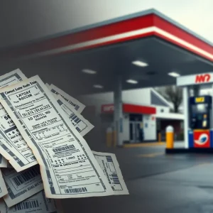 Representation of lottery tickets at a gas station indicating fraud.