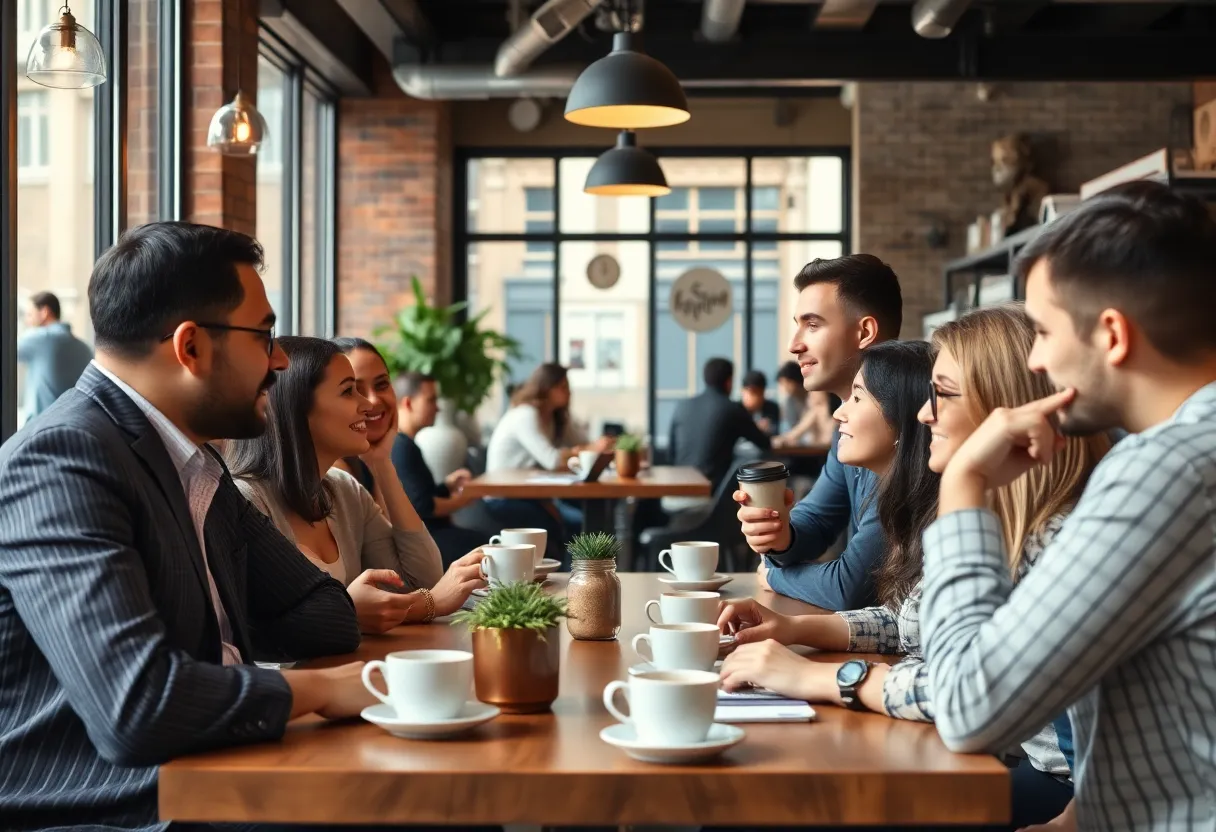 Group of marketing professionals discussing authentic strategies in a Chicago coffee shop.