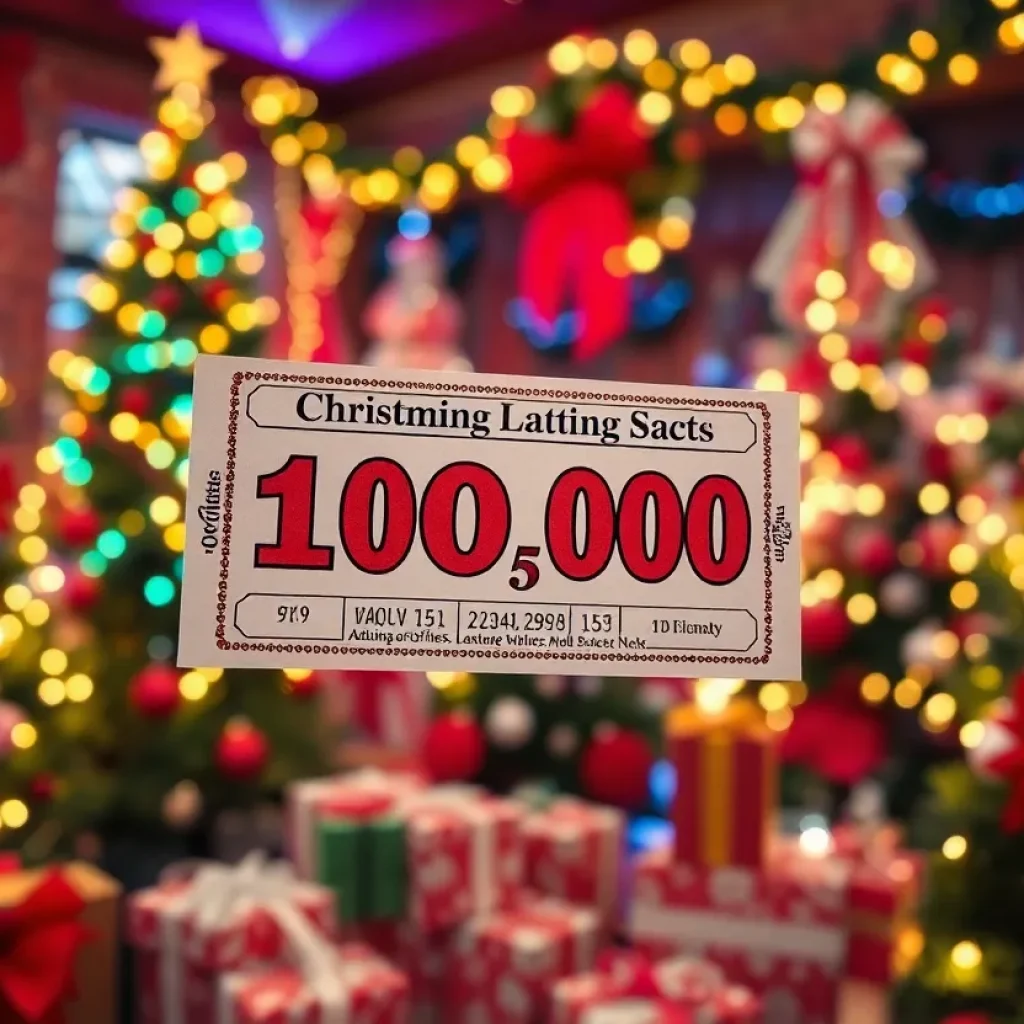 Christmas scene with a Mega Millions lottery ticket