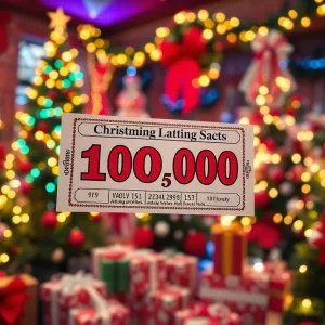 Christmas scene with a Mega Millions lottery ticket