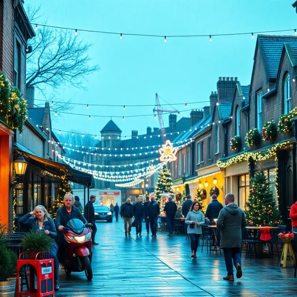 Families celebrating Christmas in the Midlands with festive decorations and light rain.