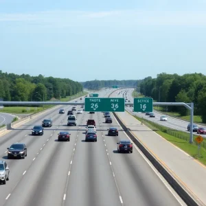 Wide view of I-26 highway in the Midlands showing multiple traffic lanes.