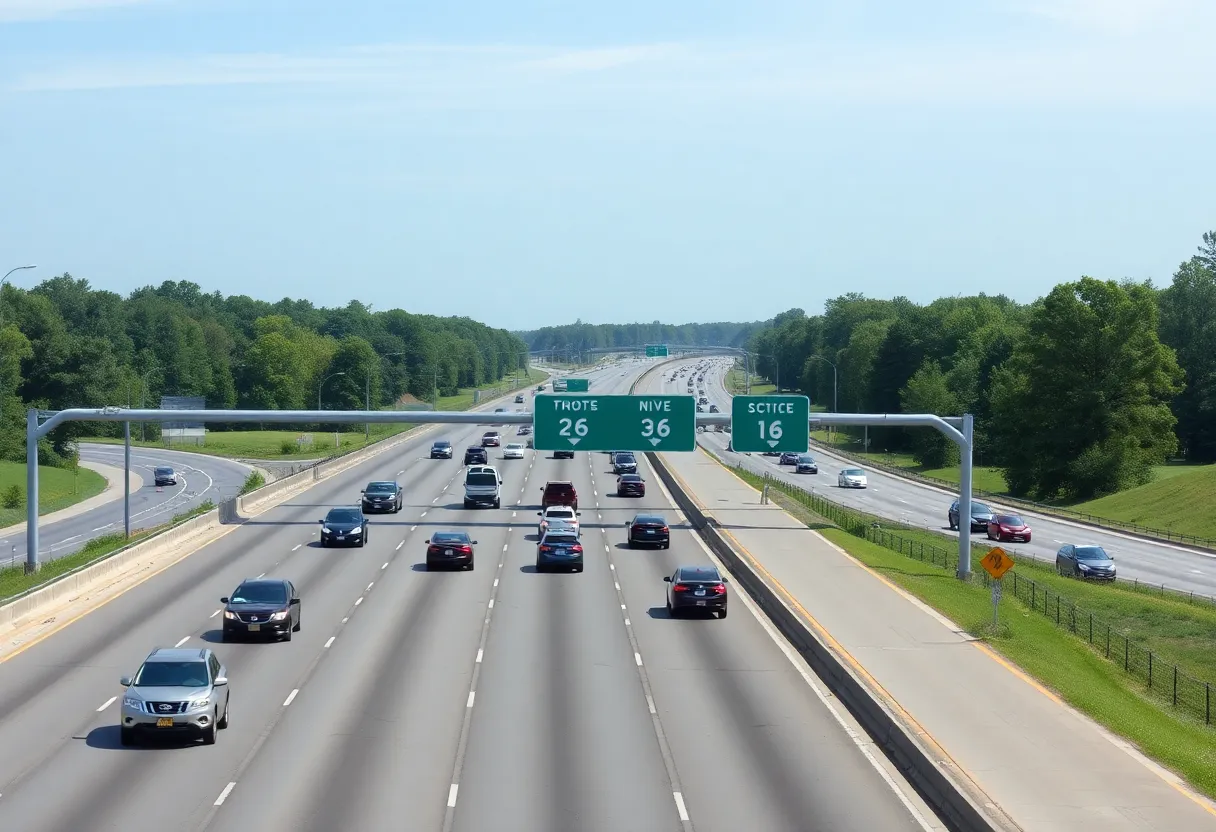 Wide view of I-26 highway in the Midlands showing multiple traffic lanes.