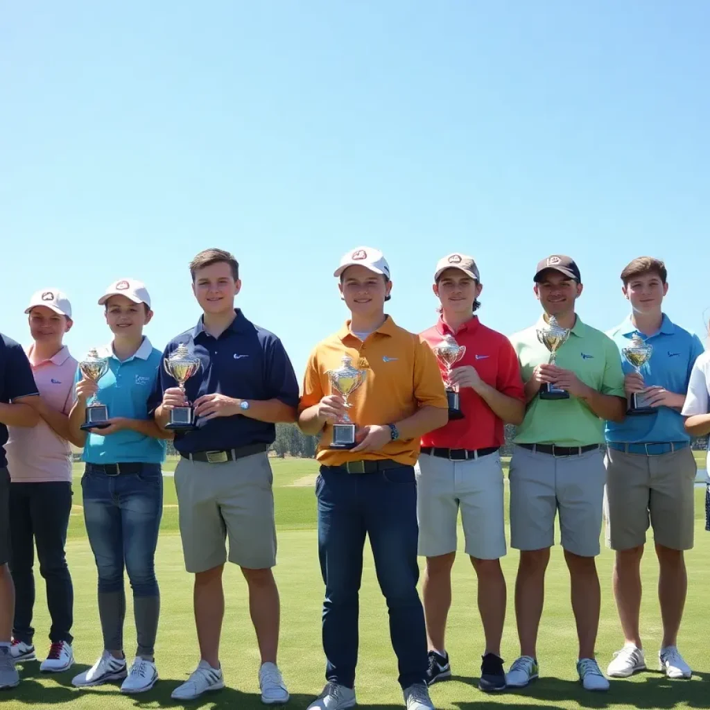 Midlands high school golfers celebrating their achievements with trophies on a golf course.