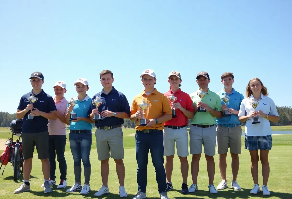 Midlands high school golfers celebrating their achievements with trophies on a golf course.