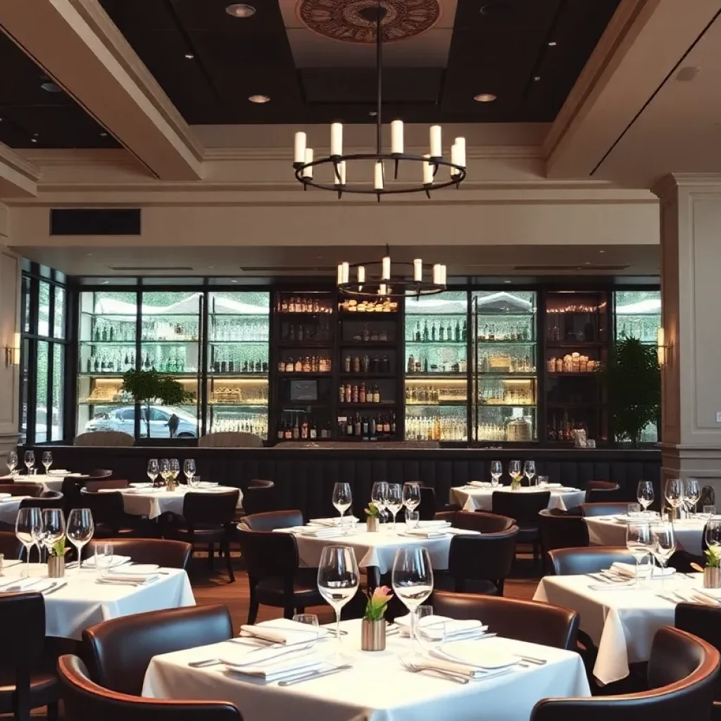 Interior of a modern steakhouse with elegant seating and lighting