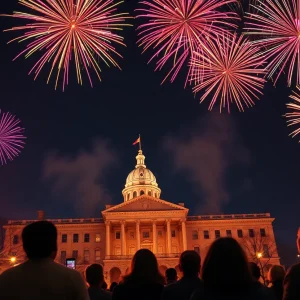 Fireworks exploding in the night sky over Columbia, SC during New Year’s Eve celebration