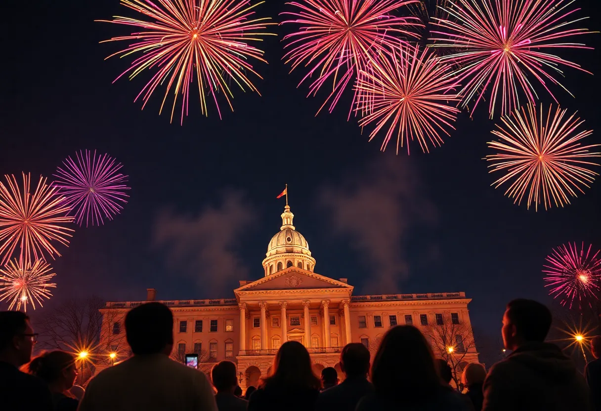 Fireworks exploding in the night sky over Columbia, SC during New Year’s Eve celebration