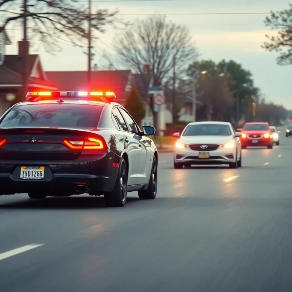 Police car pursuing suspects down a crowded street.