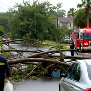 Emergency workers assessing storm damage in a suburban area post hurricane